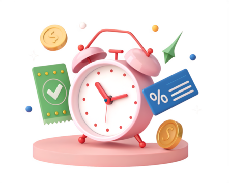 Pink alarm clock with coins ticket and discount card on black pink clock time