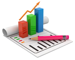 3d bar graph with rising arrow and pink pencil on paper chart data