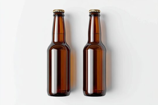 Two amber glass beer bottles on a white background