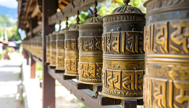 A row of ornate, antique prayer wheels with carved details, mounted on a wooden rail