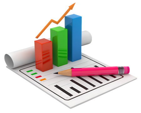 3d bar graph with rising arrow and pink pencil on paper chart data