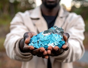 Person holding a vibrant blue and black rock