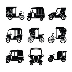 Auto Rickshaw and Vintage Carriage Black Icon Set