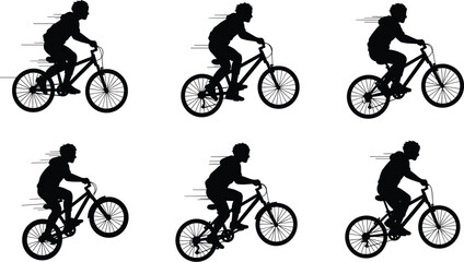 Silhouette sequence of cyclist performing jump maneuver with motion lines, dynamic movement, sports action, speed, and athletic energy illustration