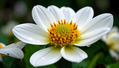 Obraz premium Crisp white daisy flower with yellow center and dark green out-of-focus background