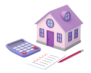 Pink and purple 3d house with calculator paper and red pencil 3d illustration home