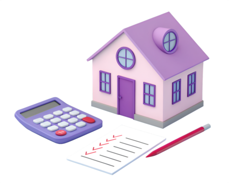 Pink and purple 3d house with calculator paper and red pencil 3d illustration home