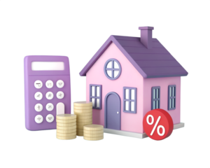 Pink house with purple roof calculator coins and red percentage sign home real estate