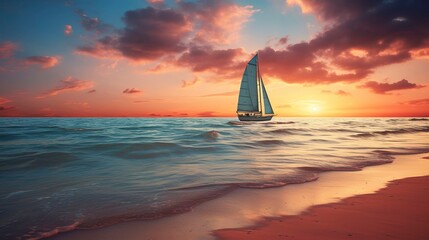Fototapeta premium A photo of a serene beach sunset with a sailboat