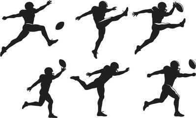Silhouette vector illustration of American football players performing kicking and throwing actions with helmets, dynamic sports movement, athletic competition design