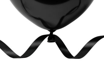 Black, hyper-glossy, mirror-like balloon with sculpted undulations, silky ribbon coiling, isolated on transparent with dramatic studio lighting. Luxury and artistic minimalism concept