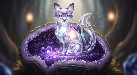 A crystal fox figurine that seems to glow from within, sitting on a geode, surrounded by shimmering dust particles, fantasy art, trending on ArtStation