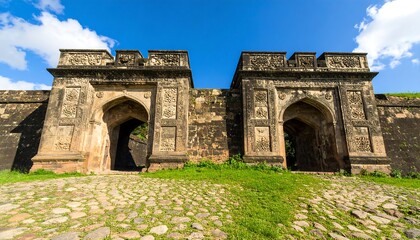 Fototapeta premium Two arched gateways stand majestically, embedded in a stone wall, under a vibrant blue sky