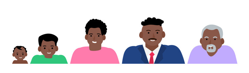 african american male character  portrait different ages baby young boy  teenager  adult man senior vector illustration