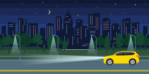 yellow suv car headlights beam night city road vector illustration