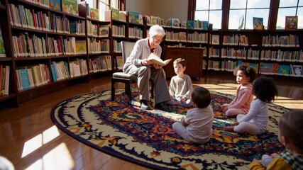 Senior woman is reading a children's book to a group of young, diverse children sitting on a rug in a library, sharing stories and fostering a love for reading and learning - Powered by Adobe