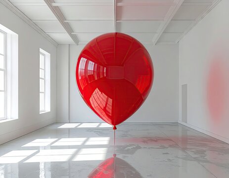 Giant Red Balloon Suspended In Bright Modern Art Gallery Space. - Powered by Adobe