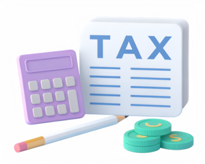 Purple calculator white pencil and green tax coins with document finance accounting