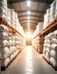 Interior warehouse aisle filled with large white bags