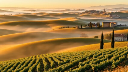 Picturesque tuscan landscape with rolling hills and vineyards at sunrise