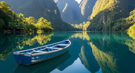 Obraz premium A serene lake scene with a blue boat, surrounded by lush green mountains.