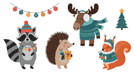 Cute cartoon woodland animals celebrating winter holidays together wearing festive attire.