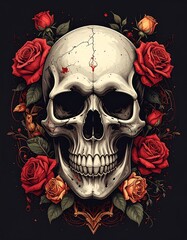 A human skull encircled by red and orange roses, intricate design elements