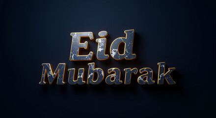 Eid Mubarak Celebratory Inscription Featuring Marble Texture Letters And Golden Accents Against Dark Background Rendering