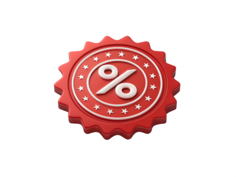 Red 3d badge with white percentage symbol and stars on black red badge percent sign
