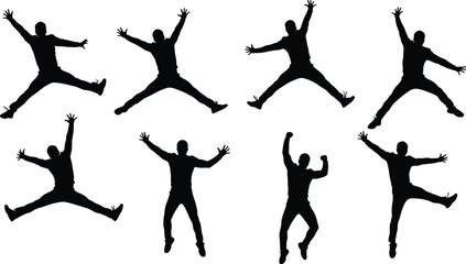 Silhouette vector illustration of people jumping in celebration, energetic poses, joyful movement, freedom expression, happiness concept, active lifestyle design artwork