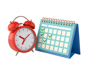 Red alarm clock next to a light blue desk calendar with green checkmarks planning