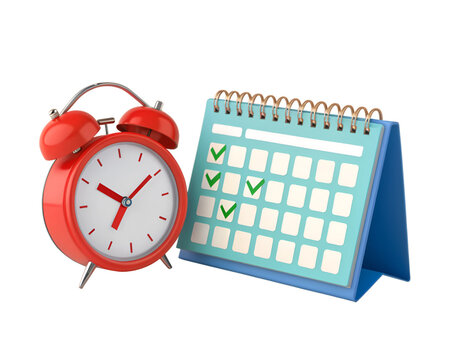 Red alarm clock next to a light blue desk calendar with green checkmarks planning