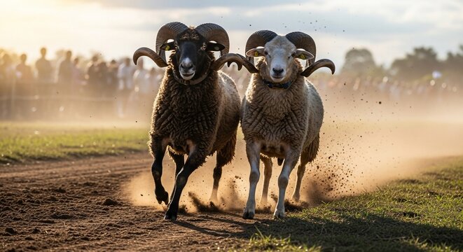 Two rams charging forward in a ram fighting competition, dust rising around them.