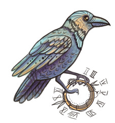 Naklejka premium A mystical raven with iridescent blue and purple feathers, standing on a golden ring adorned with scattered Roman numerals and symbols, suggesting themes of magic, time, and destiny.