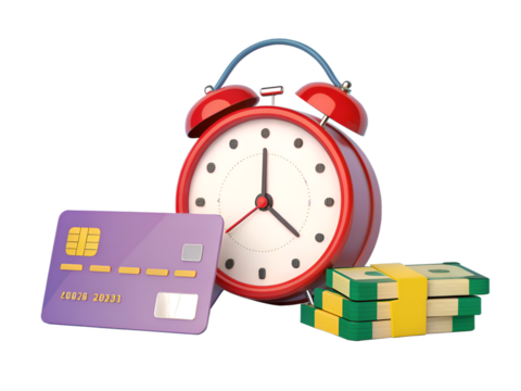 Red alarm clock with purple credit card and stacks of cash red clock time
