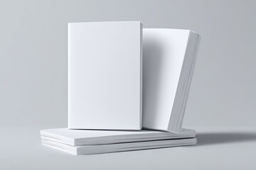 Stack of blank white books on a light gray surface