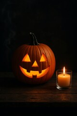 Obraz premium Moody Halloween Pumpkin with Candlelight and Subtle Smoke 