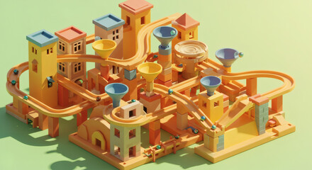 A whimsical marble run constructed like a mini cityscape, with ramps, towers, and funnels, marbles mid-roll, dynamic action shot, isometric view
