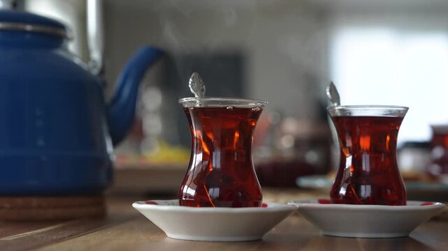 Turkish Tea (T&uuml;rk &Ccedil;ayı) in the Turkish Breakfast Video, &Uuml;sk&uuml;dar Istanbul, Turkiye (Turkey)