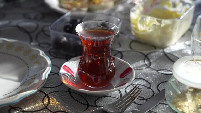 Turkish Tea (T&uuml;rk &Ccedil;ayı) in the Turkish Breakfast Video, &Uuml;sk&uuml;dar Istanbul, Turkiye (Turkey)