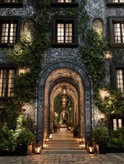 An elegant, arched entryway with ornate tilework and lush greenery leads to a tranquil courtyard at night.