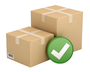 Two cardboard shipping boxes with tape and a green checkmark icon cardboard box package