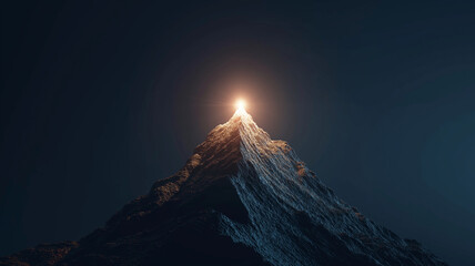 Glowing mountain peak at night with light beam