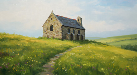 Fototapeta premium Serene Chapel on a Hill: A picturesque stone chapel, crowned with a simple cross, stands nestled on a rolling green hillside. The serene landscape exudes peace and tranquility.