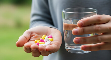 Person holding colorful pills and a glass of water, preparing to take medication for health and wellness