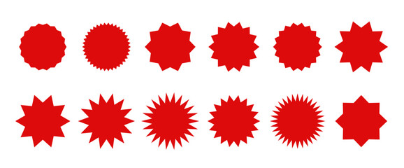 A set of empty round star-shaped elements for stickers, price tags, labels, red silhouette, vector. A collection of different simple abstract graphic templates with jagged edges, discount icons