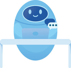 A cheerful blue robot assistant sitting at a desk with a laptop, speaking with a chat bubble, modern flat style, ideal for customer service and communication themes.