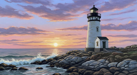 Beacon of Hope: Captivating sunrise scene featuring a lighthouse standing tall against the ocean waves, a picturesque embodiment of guidance and safety. 