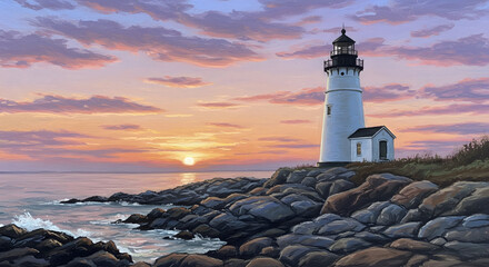 Guiding Light at Sunset: A majestic lighthouse stands tall, bathed in the warm hues of a vibrant sunset, overlooking the vast ocean and rocky coastline, an emblem of hope and direction.