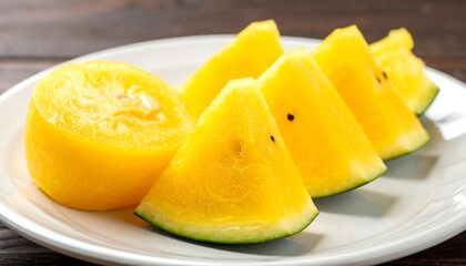 Slices of yellow watermelon, one half, sit on a round white plate, wood background